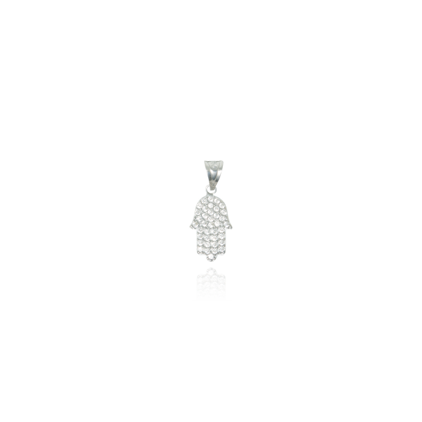 Pendentif en forme de main de Fatima sertie de zirconiums en Or Blanc 18 Carats - 750/000.     CARACTERISTIQUES :  Dimensions H x l (mm) : 12.3 x 8.2 Poids (gr) : 0.82 Matière : Or 18 Carats - 750/000 18813 