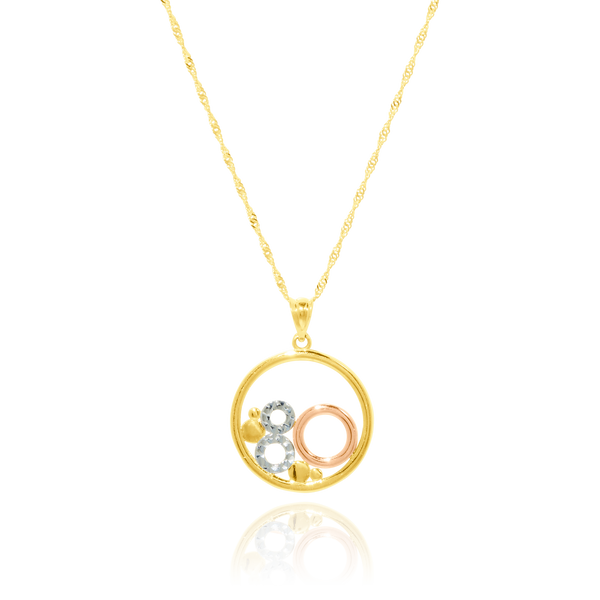 Collier orné d’un pendentif en forme de cercle flottant en Or Jaune, Or Blanc et Or Rose 18 Carats - 750/000.  Symbole d'amitié ou de séduction, chaînes et colliers n'ont qu'un but: sublimer votre cou.    CARACTERISTIQUES :  Longueur (cm) : 45.00 Diamètre motif (mm) : 19.40 Poids (gr) : 3.16 Matière : Or 18 Carats - 750/000 19869-19950 