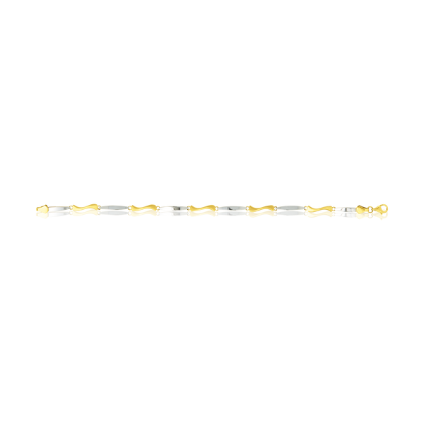 Bracelet de Créateur motif vague, en Or Jaune et Or Blanc - 750/000.  Qu'il soit classique ou fantaisiste, le bracelet saura sans conteste faire plaisir.    CARACTERISTIQUES :  Longueur (cm) : 19 Largeur (mm) : 2.6 Poids (gr) : 3.99 Matière : Or 18 Carats - 750/000 19258 