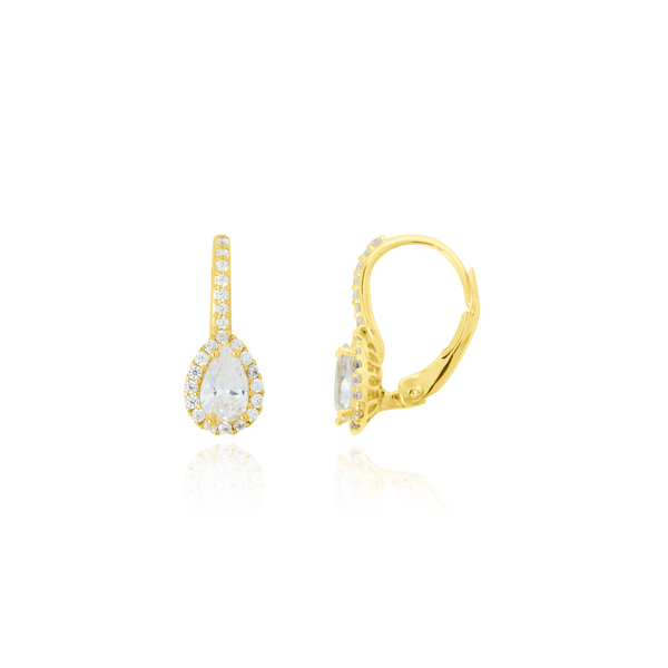 Boucles d'oreilles dormeuses en forme de goutte serties de zirconiums, en Or Jaune 18 Carats - 750/000.  Simples à arborer, les dormeuses sauront vous sublimer de jour comme de nuit.   CARACTERISTIQUES :  Longueur (mm) : 14 Poids (gr) : 2.30  Matière : Or 18 Carats - 750/000 19634