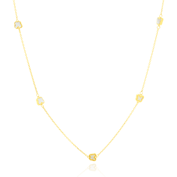 Collier motif cinq papillons en nacre monté sur une chaine forçat, en Or Jaune 18 Carats - 750/000.  Symbole d'amitié ou de séduction, chaînes et colliers n'ont qu'un but : sublimer votre cou.     CARACTERISTIQUES :  Longueur (cm) : 45.00 Poids (gr) : 3.25 Matière : Or 18 Carats - 750/000 20078 