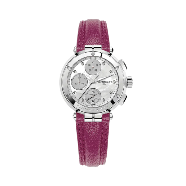 REF: 35688AP89FU  Montre Femme Michel HERBELIN. Newport chronographe mouvement quartz, fond nacre véritable, orné de 10 diamants. Bracelet cuir fuchsia, boucle ardillon. Verre saphir. La montre est étanche 10 ATM. Garantie 2 ans constructeur (internationale).