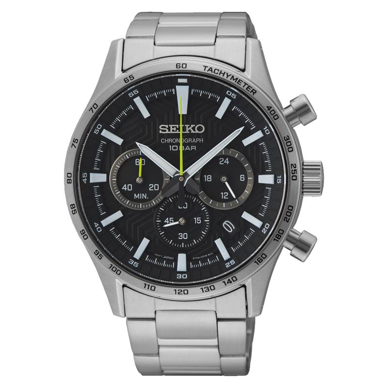 Réf : SSB413P1  Cette montre SSB413P1 à quartz de la collection Seiko SPORT est pleine de fonctionnalités. En effet, son cadran noir accueille les trois compteurs propres aux chronographes et est entouré d'une lunette tachymètre. Ce modèle entièrement en acier inoxydable est également très solide avec son verre saphir..   CARACTERISTIQUES :   Calibre8T63 Index/Aiguilles Spécificité Lumibrite Boîtier/Lunette Matière Acier inoxydable Étanchéité : 10 ATM Garantie : 2 ans constructeur (internationale)