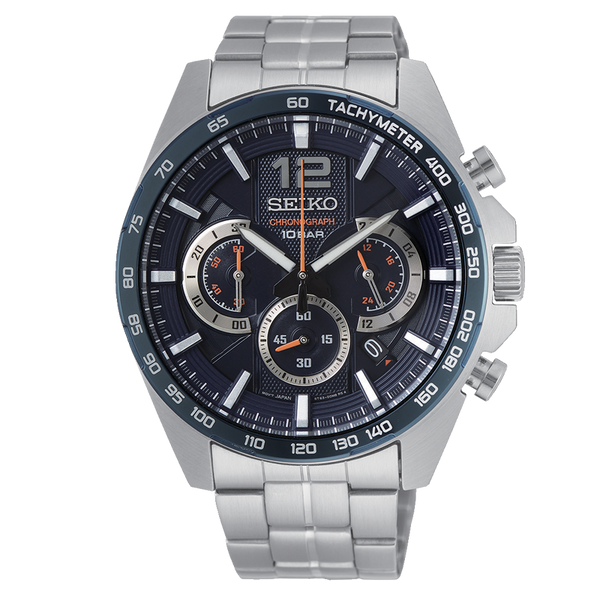 Réf : SSB345P1  Cette montre à quartz de la collection Seiko SPORT est pleine de fonctionnalités. En effet, son cadran bleu profond accueille les trois compteurs propres aux chronographes et est entouré d'une lunette tachymètre. Ce modèle entièrement en acier inoxydable est également très solide avec son verre Hardlex.  CARACTERISTIQUES : ﻿  Calibre8T63 Aiguilles/Boîtier : Matière Acier inoxydable Lunette Matière Acier inoxydable Étanchéité10 bar Garantie : 2 ans constructeur (internationale)