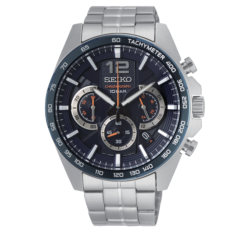 Réf : SSB345P1  Cette montre à quartz de la collection Seiko SPORT est pleine de fonctionnalités. En effet, son cadran bleu profond accueille les trois compteurs propres aux chronographes et est entouré d'une lunette tachymètre. Ce modèle entièrement en acier inoxydable est également très solide avec son verre Hardlex.  CARACTERISTIQUES : ﻿  Calibre8T63 Aiguilles/Boîtier : Matière Acier inoxydable Lunette Matière Acier inoxydable Étanchéité10 bar Garantie : 2 ans constructeur (internationale)