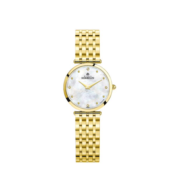 REF: 17116/BP89  Epsilon, modèle simple et épuré, symbolise la mode française intemporelle du luxe. Le bracelet intégré au boitier, tous deux en PVD or jaune donne une allure moderne et élégante. Le cadran en nacre blanche véritable révèle le raffinement de ce modèle Epsilon.  La montre, plus qu'un instrument de mesure du temps, un accessoire de mode indispensable.