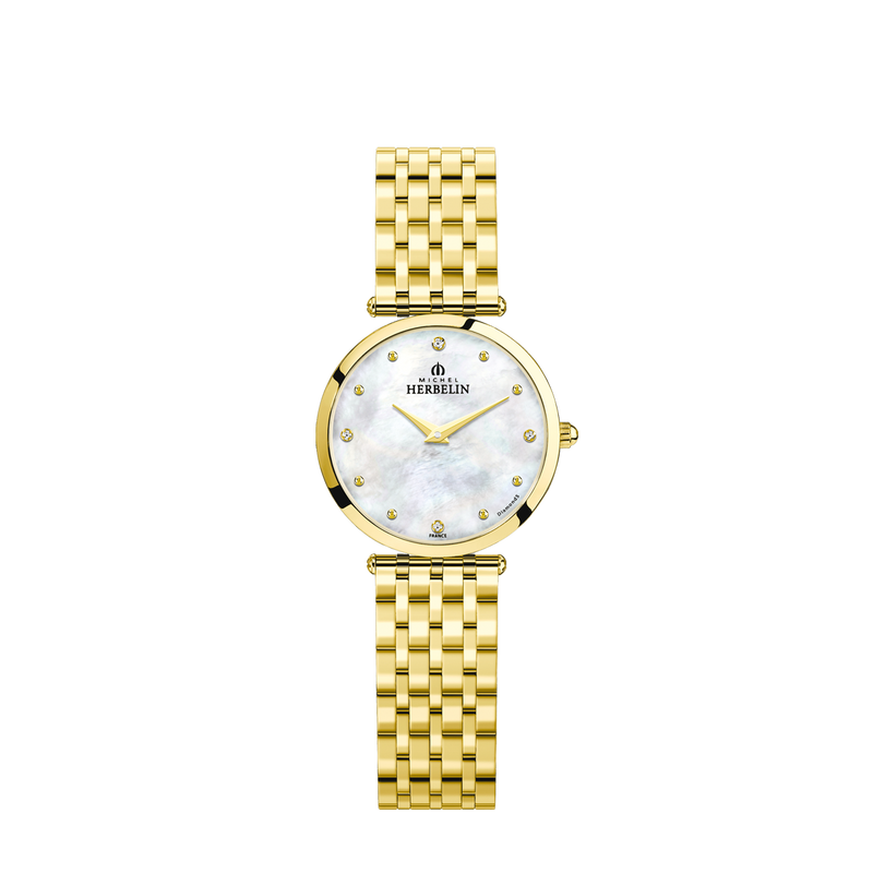 REF: 17116/BP89  Epsilon, modèle simple et épuré, symbolise la mode française intemporelle du luxe. Le bracelet intégré au boitier, tous deux en PVD or jaune donne une allure moderne et élégante. Le cadran en nacre blanche véritable révèle le raffinement de ce modèle Epsilon.  La montre, plus qu'un instrument de mesure du temps, un accessoire de mode indispensable.