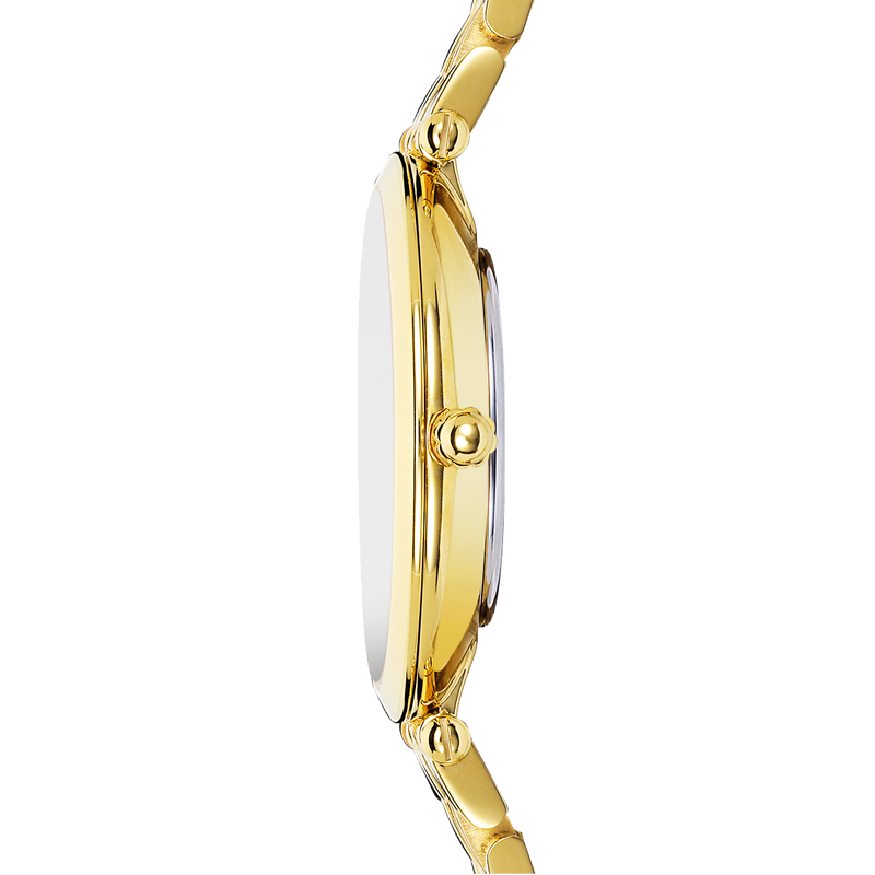 REF: 17116/BP89  Epsilon, modèle simple et épuré, symbolise la mode française intemporelle du luxe. Le bracelet intégré au boitier, tous deux en PVD or jaune donne une allure moderne et élégante. Le cadran en nacre blanche véritable révèle le raffinement de ce modèle Epsilon.  La montre, plus qu'un instrument de mesure du temps, un accessoire de mode indispensable.