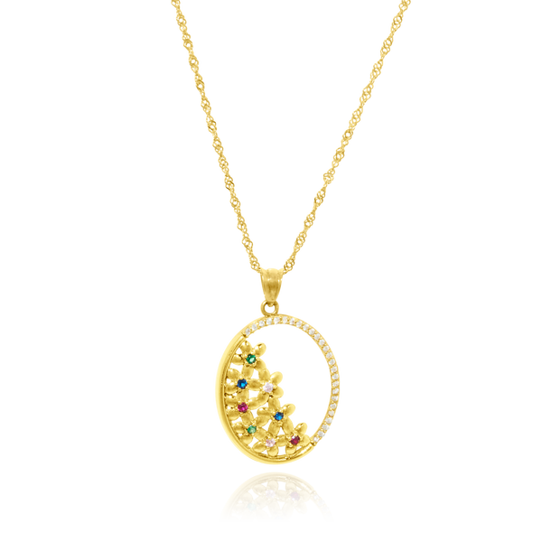 Collier et son pendentif ovale serti de zirconiums et rempli de fleurs serties de zirconiums colorés monté sur une chaine maille singapour en Or Jaune 18 Carats - 750/000.  Symbole d'amitié ou de séduction, chaînes et colliers n'ont qu'un but : sublimer votre cou.    CARACTERISTIQUES :  Poids (gr) : 4.24 Longueur (cm) : 45.00 Largeur (mm) : 18.70 Matière : Or 18 Carats - 750/000 18780-18227 