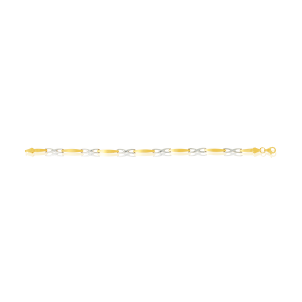 Bracelet motifs infini, en Or Jaune et Or Blanc 18 Carats - 750/000.  Qu'il soit classique ou fantaisiste, le bracelet saura sans conteste faire plaisir.    CARACTERISTIQUES :  Longueur (cm) : 19 Largeur (mm) : 2.30 Poids (gr) : 4.69 Matière : Or 18 Carats - 750/000 19257 