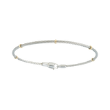 Jonc 1 câble Acier et PVD, serti de 5 inserts en Or Jaune massif 18 Carats - 750/000.  Qu'il soit classique ou fantaisiste, le bracelet saura sans conteste faire plaisir.    CARACTERISTIQUES:  Poids d'or (gr) : 0.35 Epaisseur câble (mm) : 2.00 Diamètre jonc (cm) : 6.50 Couleur câble : Acier, PVD Bleu, PVD Doré, PVD Rosé, PVD Chocolat  Matière : Acier et Or 18 Carats - 750/000 19511-19512-19513-19514-19515