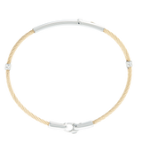 Jonc 2 câbles Acier et PVD, serti d'une vis en Or Jaune massif 18 Carats - 750/000.  Qu'il soit classique ou fantaisiste, le bracelet saura sans conteste faire plaisir.  CARACTERISTIQUES :  Epaisseur câble (mm) : 2.00 Diamètre jonc (cm) : 6.50 Couleur câble : Acier, Bleu, Doré, Noir Poids (gr) : 0.03 Matière : Acier et Or 18 Carats - 750/000 19524-19525-19526-19527