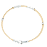 Jonc 3 câbles Acier et PVD, serti de 2 inserts en Or Jaune 18 Carats -750/000.  Qu'il soit classique ou fantaisiste, le bracelet saura sans conteste faire plaisir.     CARACTERISTIQUES :  Epaisseur câble (mm) : 2.00 Diamètre jonc (cm) : 6.50 Couleur câble : Acier, PVD Bleu, PVD Doré Poids d'or (gr) : 0.08 Matière : Acier et Or 18 Carats - 750/000 19529-19530-19531