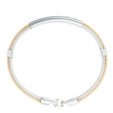 Jonc 5 câbles  Acier et PVD, serti de 2 inserts Or Jaune massif 18 Carats - 750/000.  Qu'il soit classique ou fantaisiste, le bracelet saura sans conteste faire plaisir.  CARACTERISTIQUES :  Epaisseur câble (mm) : 2.00 Diamètre jonc (cm) : 6.50 Couleur câble : Acier et PVD Bleu, Acier et PVD Doré Poids d'or (gr) : 0.06 Matière : Acier et Or 18 Carats - 750/000 19539-19540