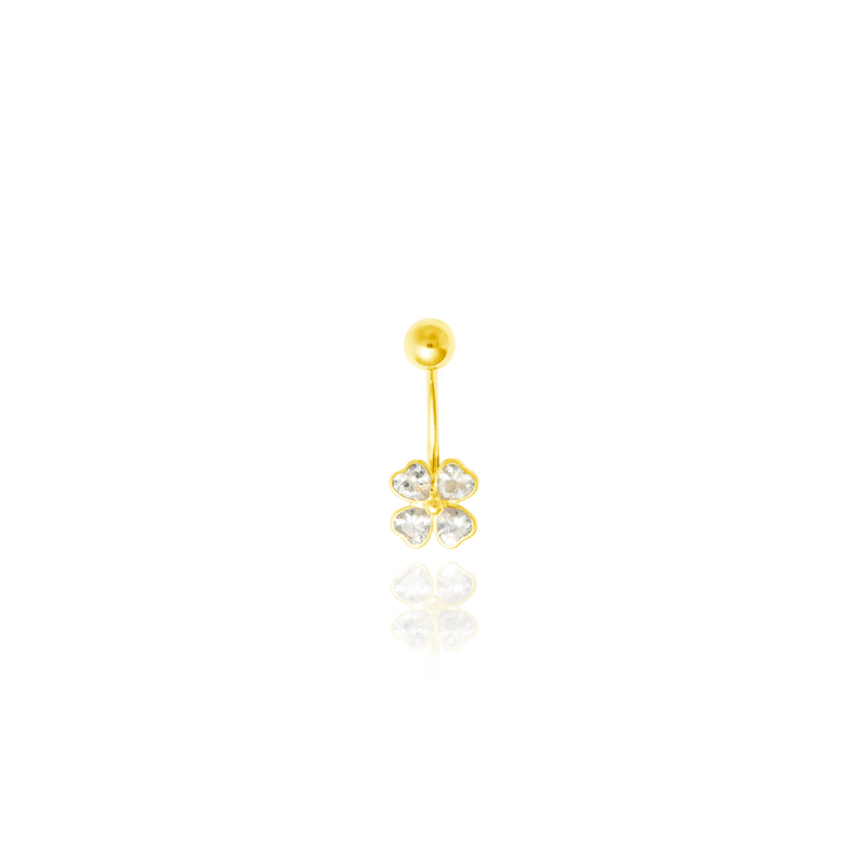 Piercing nombril serti de Zirconiums blancs en forme de trèfle en Or Jaune 18 Carats - 750/000.   CARACTERISTIQUES :   Diamètre/ hauteur (mm) : 6.00 Poids (gr) : 0.50 Matière: Or 18 carats 750/000 19783