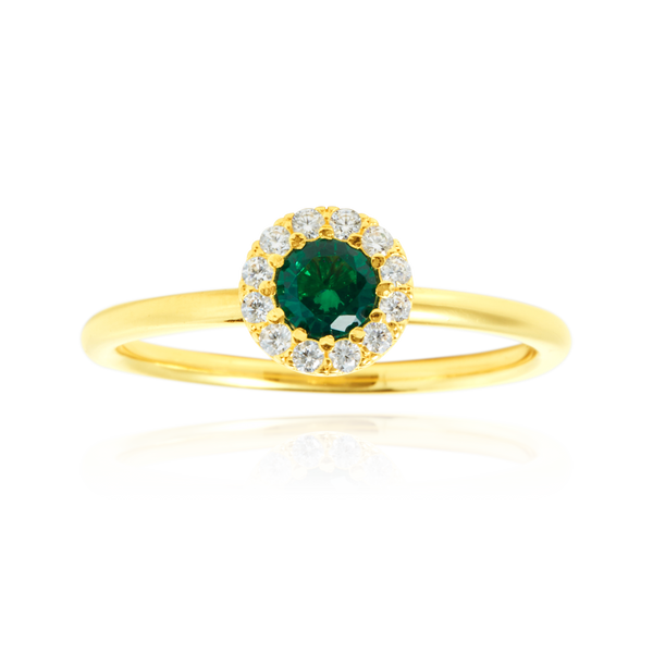 Solitaire rond serti d'un zirconium central vert, couronné de zirconiums, en Or Jaune 18 carats 750/000   CARACTERISTIQUES :  Motif central (mm) : 6.95 Epaisseur (mm) : 1.52 Poids (gr) : 2.27       Matière : Or 18 Carats - 750/000  20039