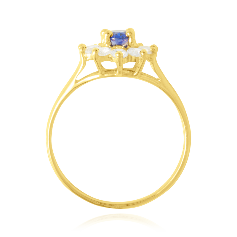 Bague marquise sertie d'un zirconium central bleu et de zirconiums blancs, en Or Jaune 18 Carats - 750/000.  Cinq possibilités d'embellir vos doigts, portez une de nos bagues.   CARACTERISTIQUES :  Motif central (mm) : 10.93 x 12.14 Epaisseur (mm) : 1.73 Poids (gr) : 2.22       Matière : Or 18 Carats - 750/000 20114