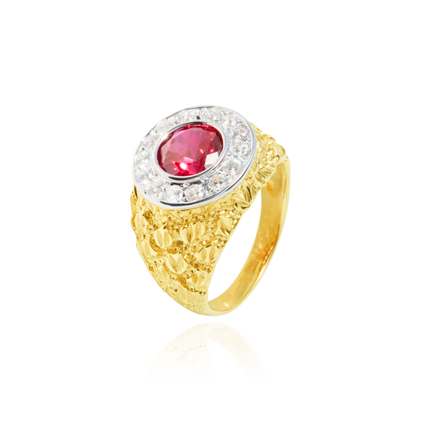 Chevalière ronde sertie d'un zirconium rouge, couronnée de zirconiums, en Or Jaune et Or Blanc 18 Carats- 750/000.  La chevalière est le bijou indémodable qui a su traverser les époques pouvant se transmettre de père en fils.   CARACTERISTIQUES :  Motif central (mm) : 16.11 Epaisseur (mm) : 3.44 Poids (gr) : 8.42      Matière : Or 18 Carats - 750/000 20190 