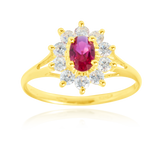 Bague marquise sertie d'un zirconium rouge et de zirconiums blancs, en Or Jaune 18 Carats - 750/000.  Cinq possibilités d'embellir vos doigts, portez une de nos bagues.   CARACTERISTIQUES :  Motif central (mm) : 12.30 Epaisseur (mm) : 1.77 Poids Moyen (gr) : 2.33      Matière : Or 18 Carats - 750/000 20229