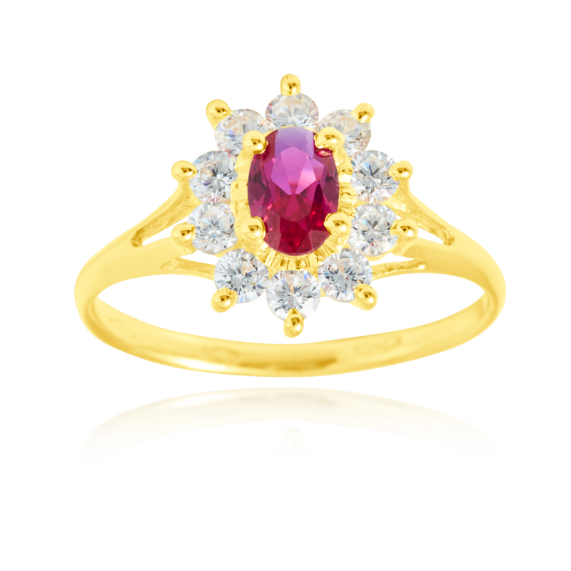 Bague marquise sertie d'un zirconium rouge et de zirconiums blancs, en Or Jaune 18 Carats - 750/000.  Cinq possibilités d'embellir vos doigts, portez une de nos bagues.   CARACTERISTIQUES :  Motif central (mm) : 12.30 Epaisseur (mm) : 1.77 Poids Moyen (gr) : 2.33      Matière : Or 18 Carats - 750/000 20229