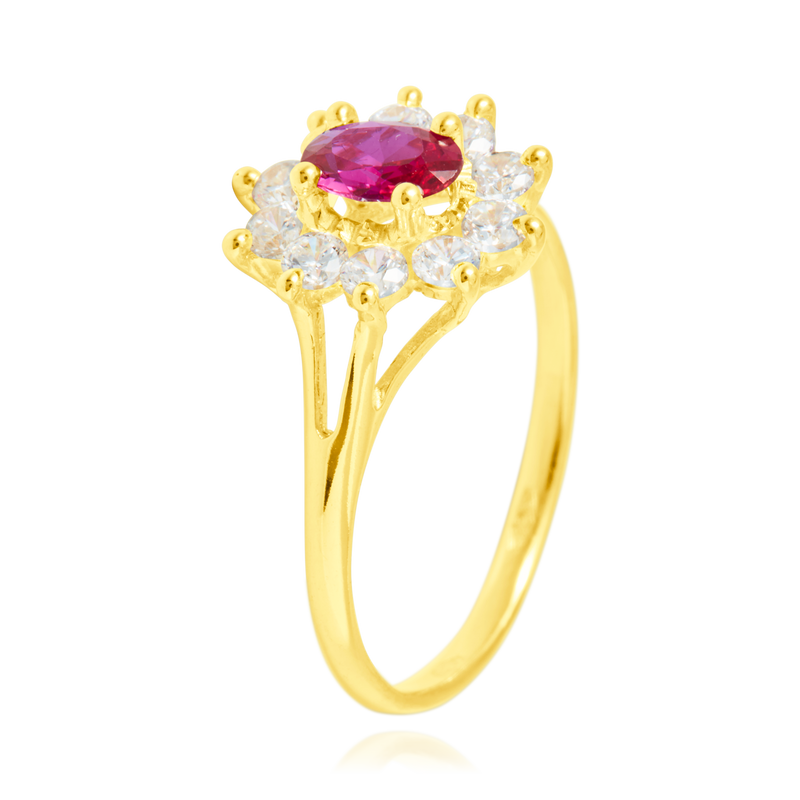 Bague marquise sertie d'un zirconium rouge et de zirconiums blancs, en Or Jaune 18 Carats - 750/000.  Cinq possibilités d'embellir vos doigts, portez une de nos bagues.   CARACTERISTIQUES :  Motif central (mm) : 12.30 Epaisseur (mm) : 1.77 Poids Moyen (gr) : 2.33      Matière : Or 18 Carats - 750/000 20229