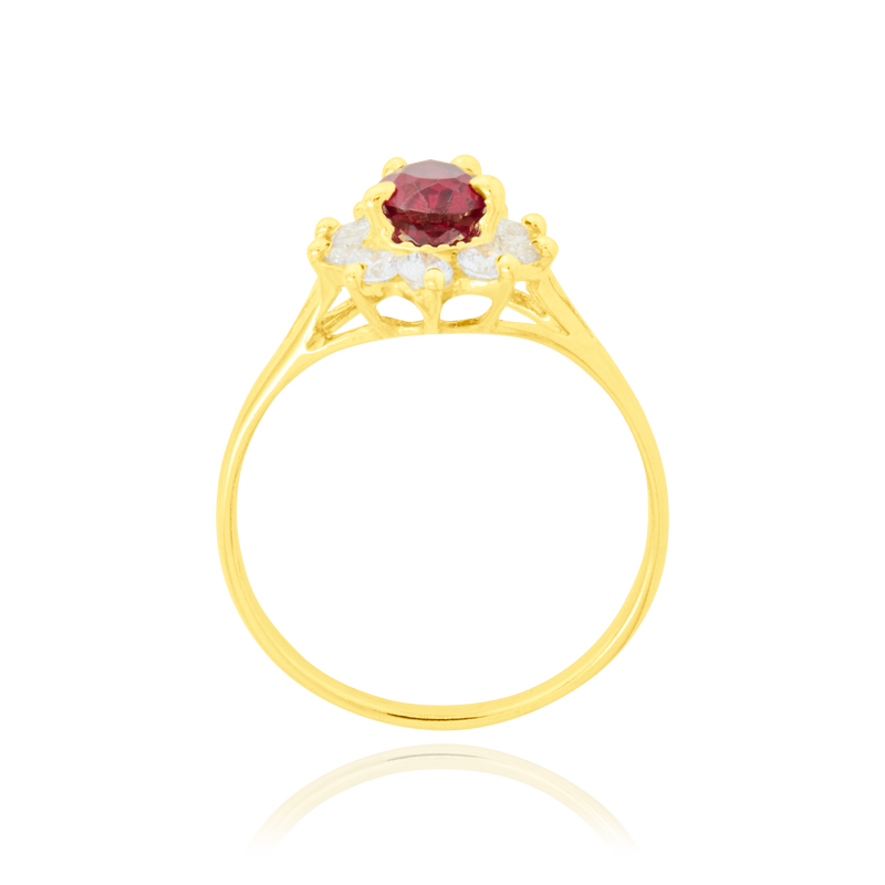 Bague marquise sertie de zirconium poire rouge et de zirconiums blancs, en Or Jaune 18 Carats - 750/000.  Cinq possibilités d'embellir vos doigts, portez une de nos bagues.   CARACTERISTIQUES :  Motif central (mm) : 12.72 Epaisseur (mm) : 1.88 Poids Moyen (gr) : 2.38      Matière : Or 18 Carats - 750/000 20232