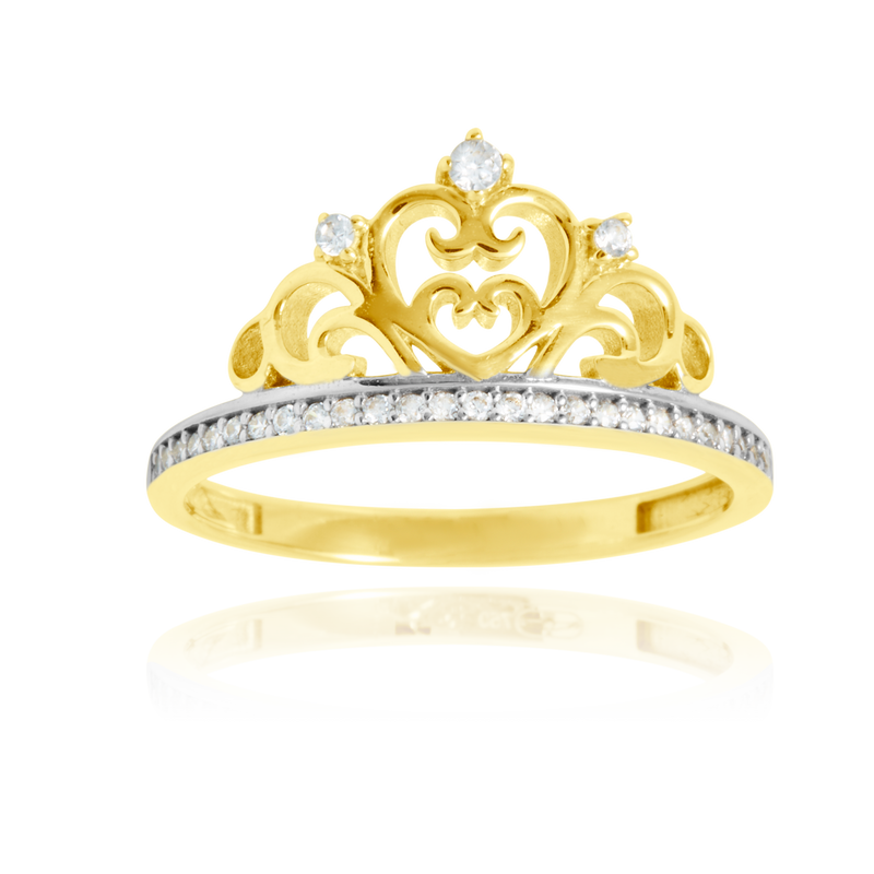 Bague couronne sertie de zirconiums, en Or Jaune 18 Carats - 750/000.  Cinq possibilités d'embellir vos doigts, portez une de nos bagues.   CARACTERISTIQUES :  Motif central (mm) : 10.20 Epaisseur (mm) : 2.73 Poids (gr) : 2.72      Matière : Or 18 Carats - 750/000 20249