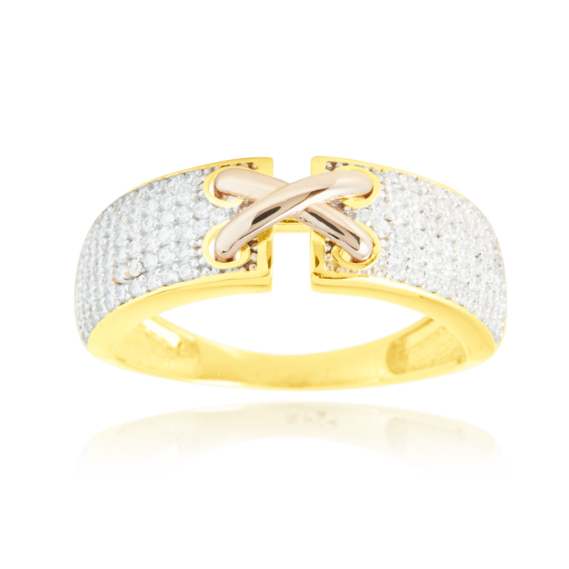 Bague croisée sertie de zirconiums, en Or Jaune, Or Blanc et Or Rose 18 Carats - 750/000.  Cinq possibilités d'embellir vos doigts, porter une de nos bagues.   CARACTERISTIQUES :  Largeur motif (mm) :  7.72 Épaisseur (mm) : 2.10 Poids Moyen (gr) :  3.94     Matière :  Or 18 Carats - 750/000 20283