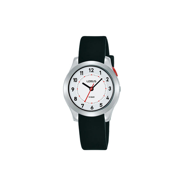 Montre Lorus pour enfant de la collection junior / kids. Seule horloge avec boîtier en plastique avec fond en acier - 30 mm et cadran blanc chiffres arabes. Le bracelet en silicone noir. La résistance à l'eau est de 10 bars. Montre avec mouvement à quartz.  La montre, plus qu'un instrument de mesure du temps, un accessoire de mode indispensable.