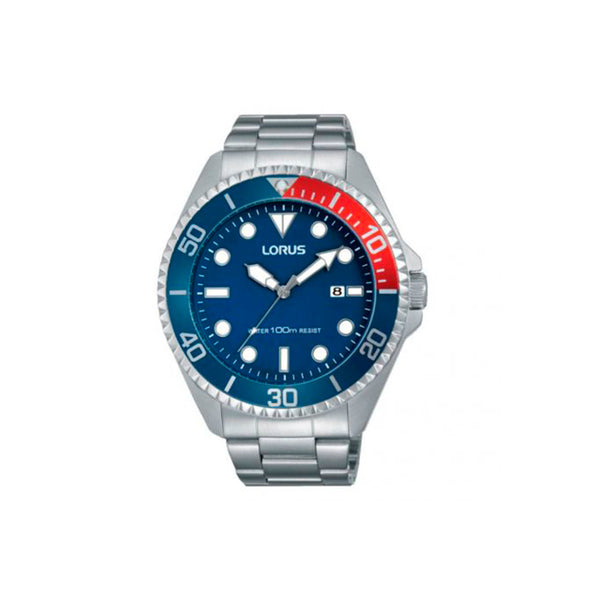 Montre Homme LORUS modèle SPORT Argentée et Bleue - RH941GX9 - Avec cette pièce, LORUS affirme son goût de l’épure et imagine deux arceaux qui épousent les contours de la boîte pour ainsi la lier tout en finesse à son bracelet, montre au mouvement 3 aiguilles, date avec un boîtier acier inoxydable, couronne et fond de boîte vissés de calibre PC32 et diamètre de 44 mm, bracelet acier inoxydable et cadran bleu, étanche 10 ATM, cette montre vous sera présentée dans son écrin de la marque Lorus.