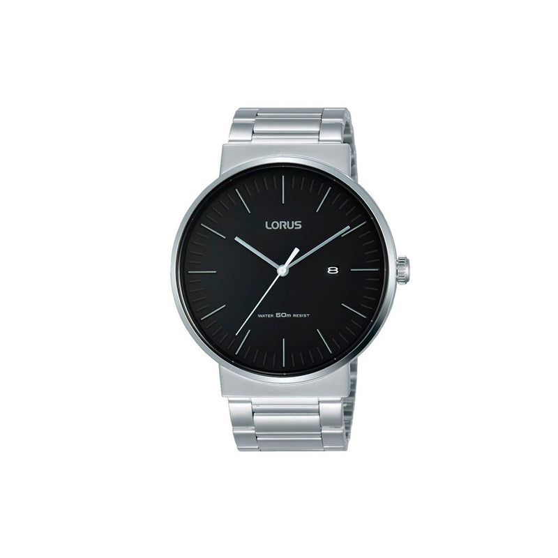 Montre LORUS Homme Noir - RH975KX9 - Bracelet en acier inoxydable argenté, mouvement quartz, affichage analogique 3 aiguilles, date, cadran noir, boîtier en acier inoxydable, étanchéité 5 ATM / 50 Mètres, forme du cadran rond, dimensions du boitier 43mm, épaisseur du boitier 9mm, fermoir clip, longueur du bracelet 24cm, largeur 22mm, verre minéral.