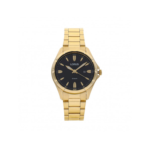 Horloge Lorus pour femmes uniquement de la collection classique. Seule horloge avec boîtier en acier inoxydable avec traitement de couleur or jaune de 32 mm et cadran décoré d'un motif rayon de soleil et d'un motif de cercles concentriques dans la partie la plus externe du cadran. Sphères avec lumineux. Visser en arrière. Le bracelet est en acier inoxydable avec des détails de couleur or jaune. La résistance à l'eau est de 10 bars.Horloge avec mouvement à quartz. 