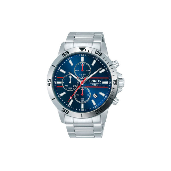 Montre LORUS Homme Bleu - RM309FX9 - Bracelet en acier inoxydable argenté, mouvement quartz, affichage analogique chrono au 1/10e de seconde jusqu'à 60 min, date, index et aiguilles luminescents, fond de boîte vissé, cadran bleu, boîtier en acier inoxydable, étanchéité 10 ATM / 100 Mètres, forme du cadran rond, dimensions du boitier 44mm, épaisseur du boitier 7mm, fermoir clip, longueur du bracelet 23cm, largeur 20mm, verre minéral.