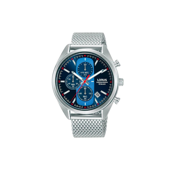 Montre LORUS Homme Bleu - RM353GX9 - Bracelet en maille milanaise argent, mouvement quartz, affichage analogique chrono 1/10e de seconde jusqu’à 60 min, date, aiguilles et index luminescents, fond de boîte vissé, cadran bleu, boîtier en acier, étanchéité 10 ATM / 100 Mètres, forme du cadran rond, dimensions du boitier 42mm, épaisseur du boitier 10mm, fermoir clip, longueur du bracelet 24cm, largeur 20mm, verre minéral.