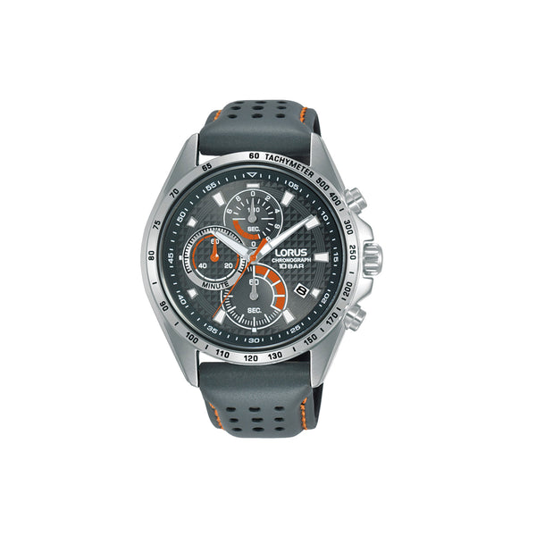 Montre chrono homme Lorus de la collection Sports. Bijou avec boîtier en acier inoxydable, diamètre 44 et bracelet gris en cuir perforé et surpiqûres orange contrastées. La résistance à l'eau est de 10 bar et elle a un mouvement à quartz. 