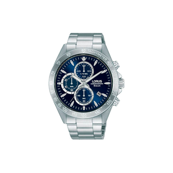 Montre LORUS Homme Noir - RM365GX9- Bracelet en acier inoxydable, mouvement quartz, affichage analogique chrono au 1/10e de seconde jusqu’à 60 min , date ,fond de boîte vissé, cadran bleu, boîtier en acier inoxydable, étanchéité 10 ATM / 100 Mètres, forme du cadran rond, dimensions du boitier 43mm, épaisseur du boitier 12mm, longueur du bracelet 22cm, largeur 12mm, verre minéral.