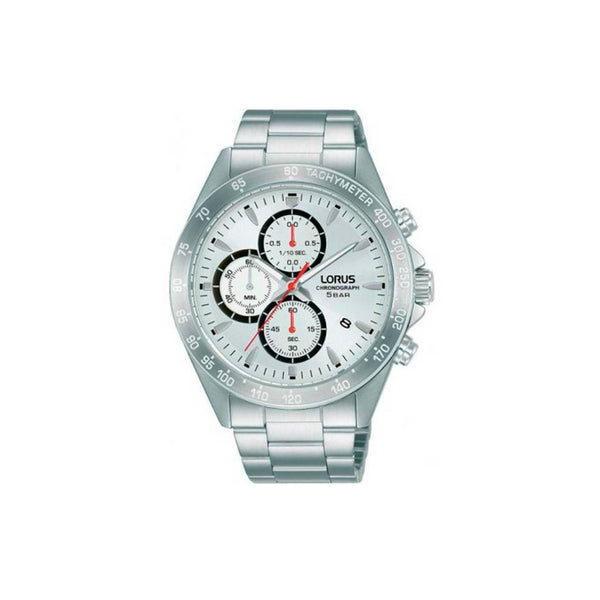 Montre chronographe pour homme Lorus de la collection sport. Montre avec boîtier en acier inoxydable de 43 mm de diamètre. Cadran blanc décoré de motifs rayons de soleil, sphères lumineuses, lunette avec échelle tachymétrique, fond vissé. Bracelet en acier inoxydable. Résistance à l'eau de 5 atm. Mouvement: quartz. Fonctions de la montre: chronographe jusqu'à 60 minutes par unités de dix secondes.