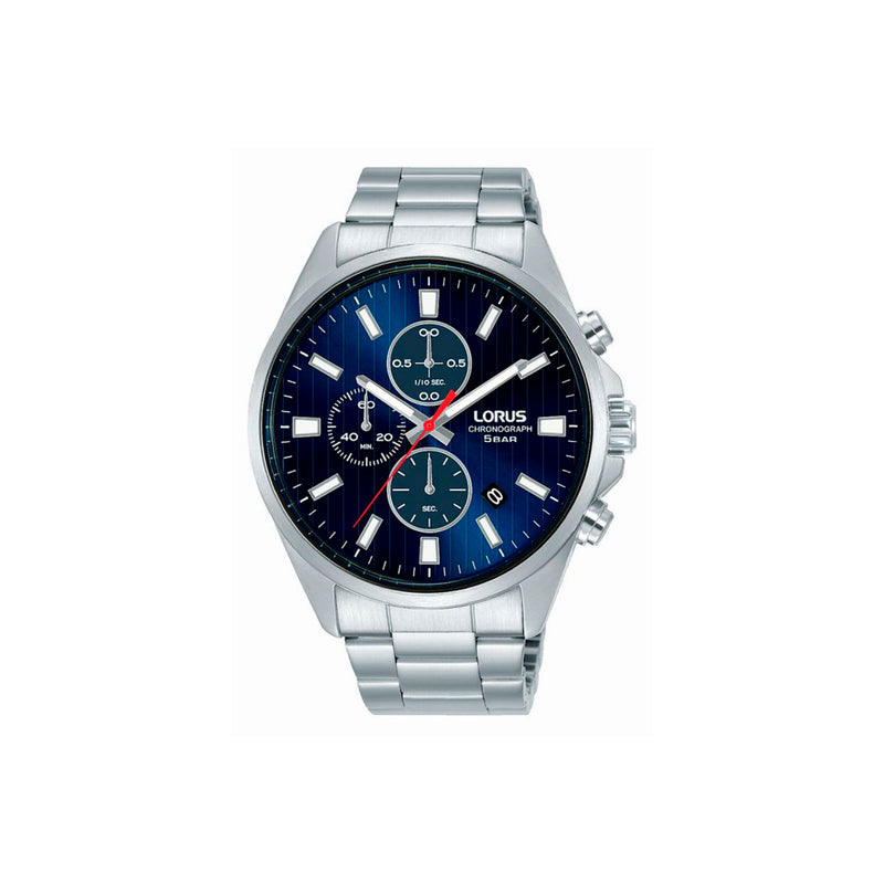 Montre LORUS Homme Bleu - RM375FX9 - Bracelet en acier argent, mouvement quartz, affichage analogique chrono 1/10e de seconde jusqu’à 60 min, date, aiguilles et index luminescents, fond de boîte vissé, cadran bleu, boîtier en acier inoxydable, étanchéité 5 ATM / 50 Mètres, forme du cadran rond, dimensions du boitier 43mm, épaisseur du boitier 7mm, fermoir boucle déployante, longueur du bracelet 22cm, largeur NC, verre minéral. 