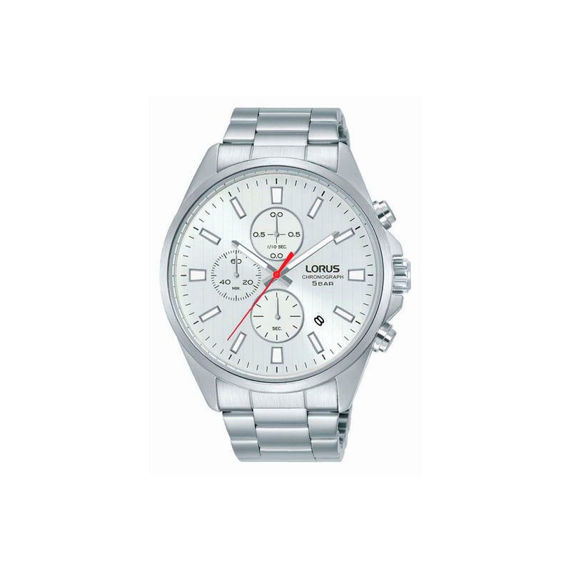 Montre LORUS Homme Blanc - RM377FX9 - Bracelet en acier argent, mouvement quartz, affichage analogique chrono 1/10e de seconde jusqu’à 60 min, date, aiguilles et index luminescents, fond de boîte vissé, cadran blanc, boîtier en acier inoxydable, étanchéité 5 ATM / 50 Mètres, forme du cadran rond, dimensions du boitier 42mm, épaisseur du boitier 7mm, fermoir boucle déployante, longueur du bracelet 22cm, largeur NC, verre minéral.