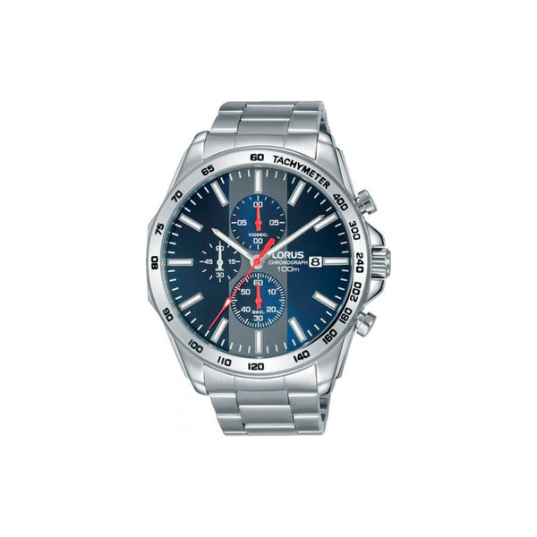 Montre LORUS Homme Bleu - RM383EX9 - Bracelet en acier inoxydable argenté, mouvement quartz, affichage analogique chrono au 1/10e de seconde jusqu’à 60 min ,date , lunette revêtement titane carboné ,fond de boîte vissé , cadran bleu, boîtier en acier inoxydable, étanchéité 10 ATM / 100 Mètres, forme du cadran rond, dimensions du boitier 44mm, épaisseur du boitier 12mm, fermoir boucle déployante, longueur du bracelet 24cm, largeur 21mm, verre minéral.