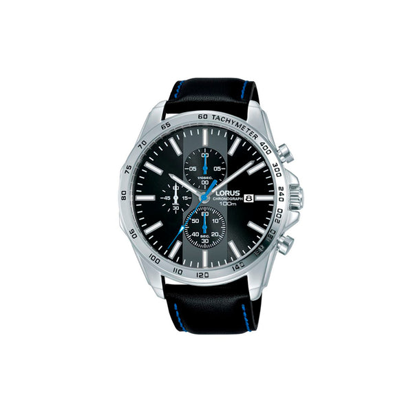 Montre LORUS Homme Noir - RM391EX9 - Bracelet en cuir noir surpiqué bleu , mouvement quartz, affichage analogique chrono au 1/10e de seconde jusqu’à 60 min , date ,fond de boîte vissé, cadran noir, boîtier en acier inoxydable, étanchéité 10 ATM / 100 Mètres, forme du cadran rond, dimensions du boitier 44mm, épaisseur du boitier 12mm, fermoir boucle ardillon, longueur du bracelet 24cm, largeur 12mm, verre minéral.