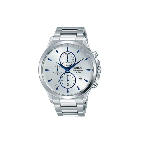 Montre LORUS Homme Blanc - RM399EX9 - Bracelet en acier inoxydable argenté, mouvement quartz, affichage analogique chrono au 1/10e de seconde jusqu’à 60 min , date , fond de boîte pression , cadran blanc, boîtier en acier inoxydable, étanchéité 10 ATM / 100 Mètres, forme du cadran rond, dimensions du boitier 43mm, épaisseur du boitier 10mm, fermoir boucle déployante, longueur du bracelet 24cm, largeur 20mm, verre minéral