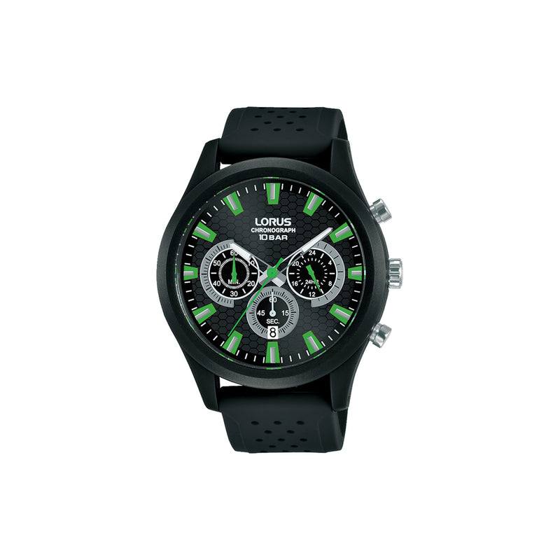 Montre sport de la marque Lorus composée d'un boitier en résine à revêtement titane carboné et d'un bracelet en silicone noir. Cadran noir et vet, date, chrono, aiguilles et index luminescents. Etanche à 100 mètres, mouvement garanti deux ans. diamètre 44 mm