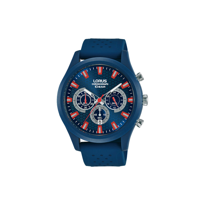 Montre Navy pour homme. Horloge avec boîtier en plastique avec fond en acier - 44 mm et cadran bleu. Le bracelet est en silicone bleu. La résistance à l'eau est de 10 bars. Montre avec mouvement à quartz. 